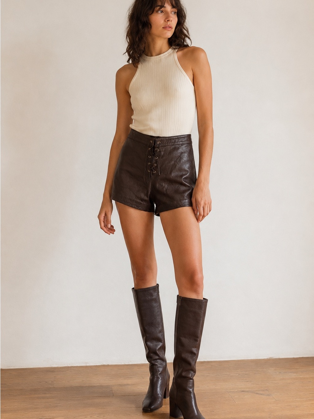 High-Waist Brown Leather Lace-Up Women's Shorts